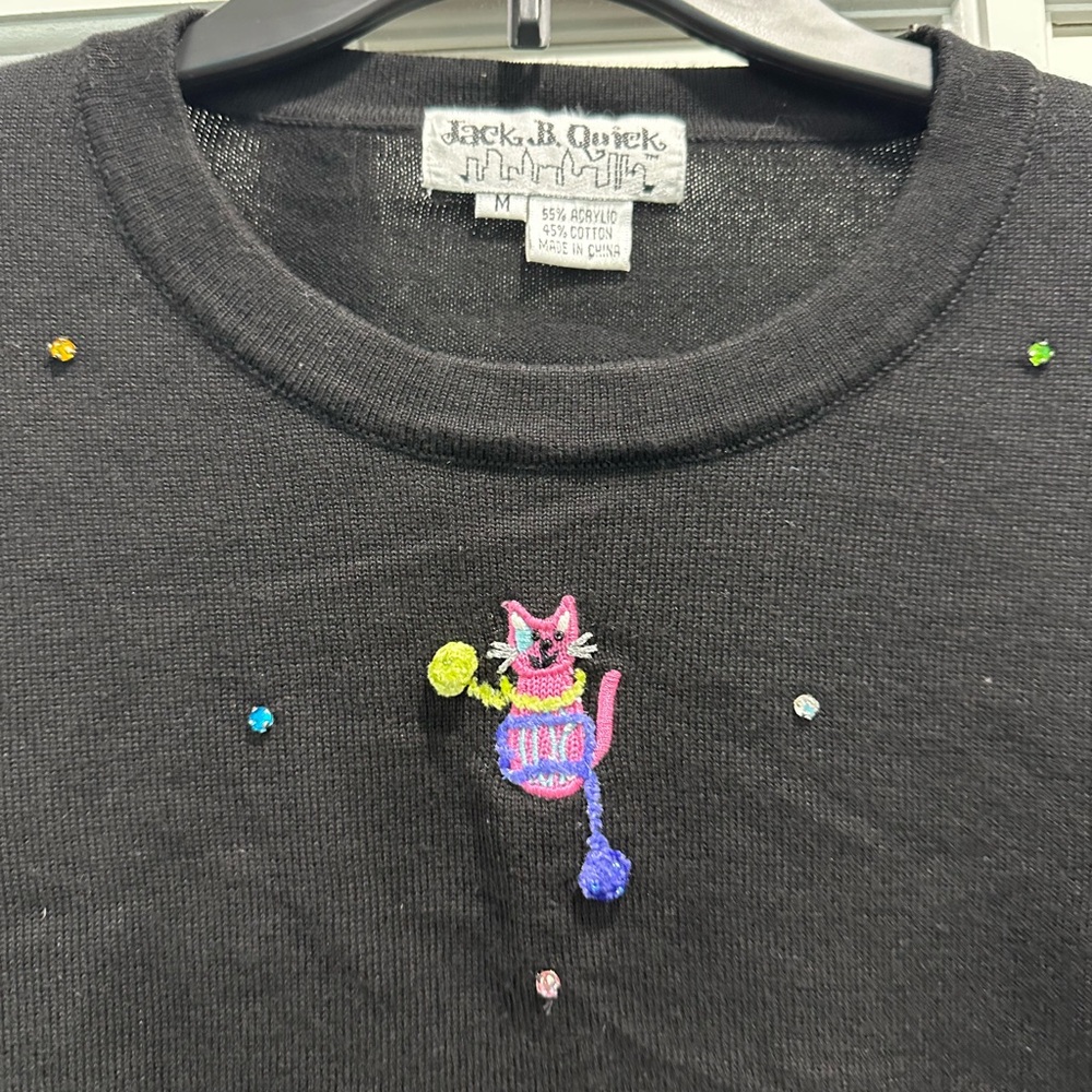 Jack by BB Dakota Black Vintage Sweater with Vibrant Cat Design - Size Medium